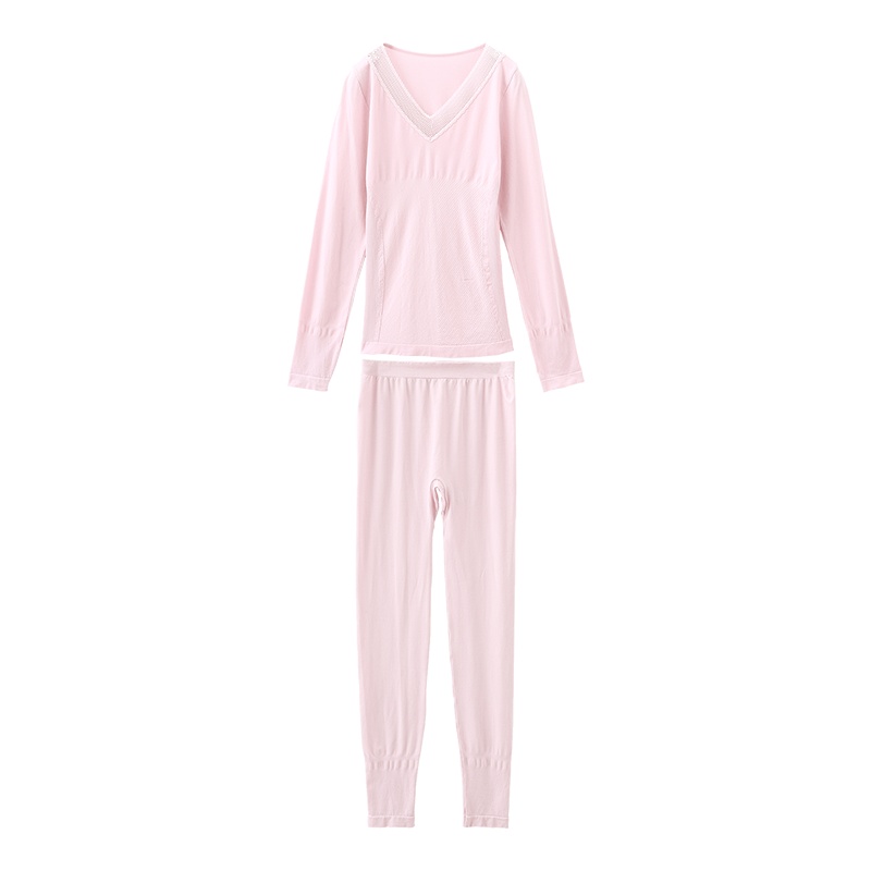 都市丽人简约舒适有型纯色V领装饰大网孔花边秋衣秋裤女士保暖内衣套装