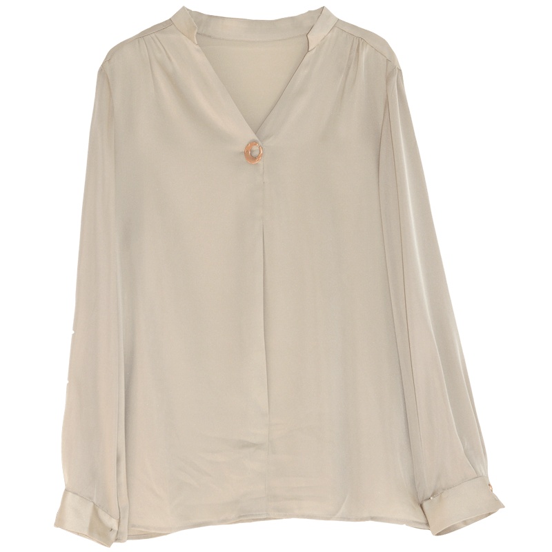 金菊2020夏新款韩版纯色桑蚕丝T恤女时尚气质V领长袖百搭上衣