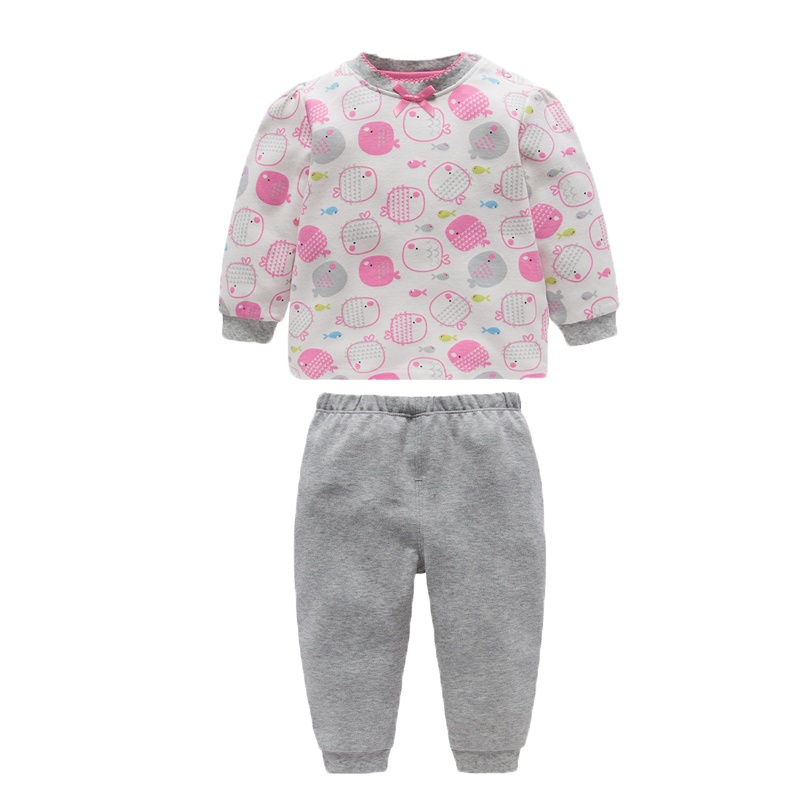 爬爬酷童装女童宝宝2019秋季新款本白满印小鱼儿上下套装秋衣秋裤