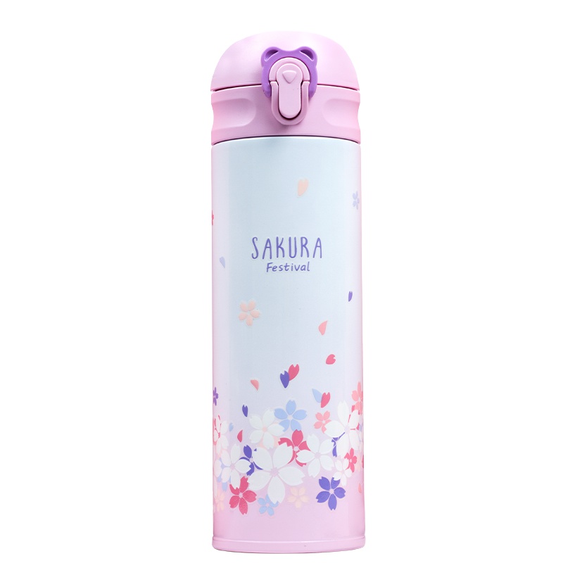 杯具熊(beddybear)韩国不锈钢弹跳保温杯女樱花杯情侣杯礼品定制3D浮雕紫樱花480ml