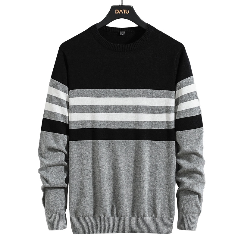 manloric2022冬季男士毛衣韩版加绒加厚针织衫青年圆领条纹潮流棉质保暖打底衫XH1625