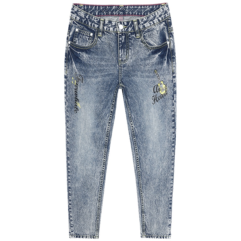 马克华菲女装2019春新款烟灰色时尚直筒裤 纯棉雪花牛仔裤女