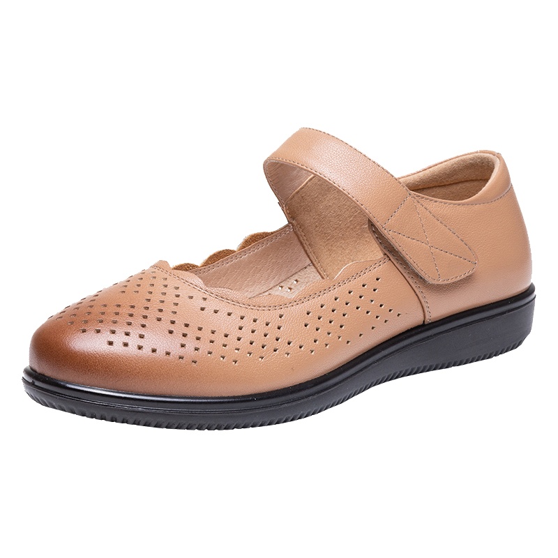 奥康凉鞋女夏季皮鞋软底中年妈妈平底镂空皮凉鞋