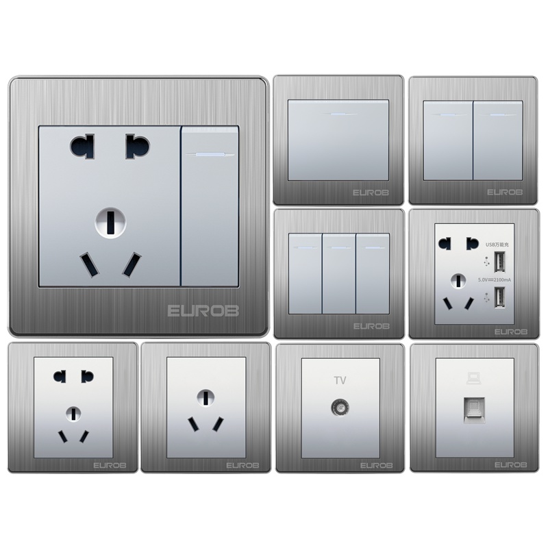 欧奔（EUROB）插座家用不锈钢拉丝银色多控调光调速音响门铃开关插座面板