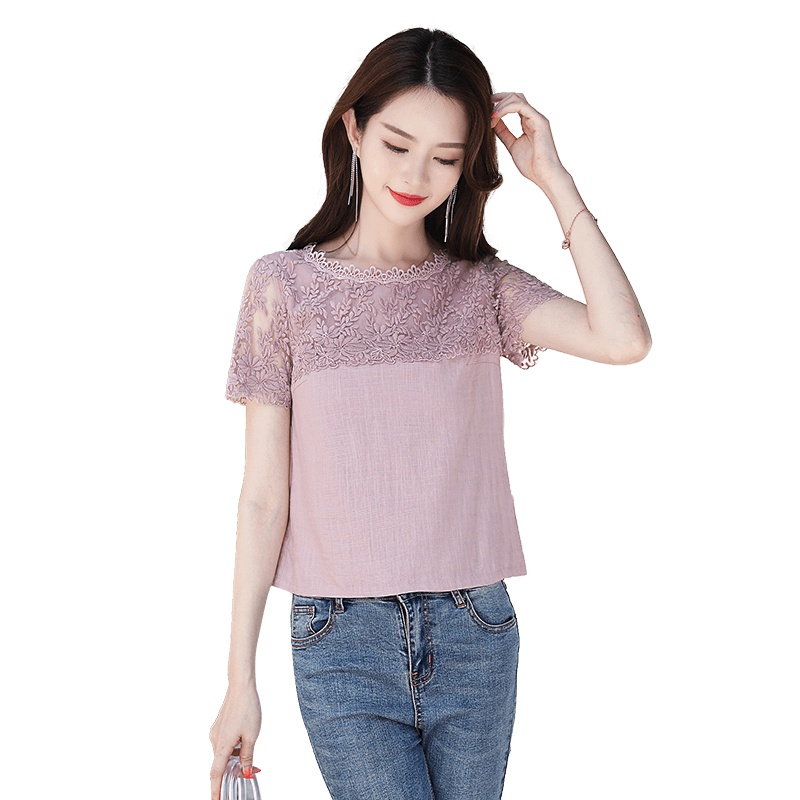丝柏舍2019夏装女时尚淑女蕾丝拼接短款套头雪纺衫S82R1136S