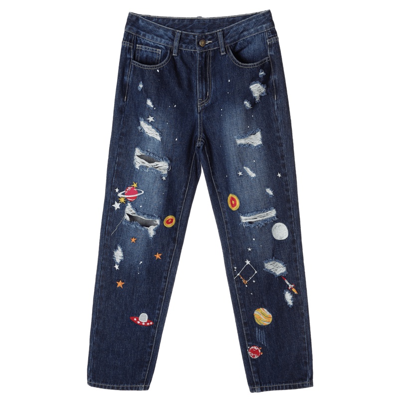 裂帛直筒破洞牛仔裤新款刺绣毛边宽松潮ins显瘦九分裤