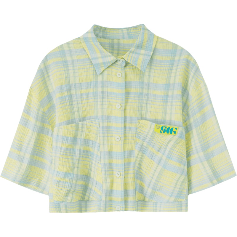 OtherMix格子贴布褶皱衬衫女2021年早秋新款潮流小众时尚短袖衬衣