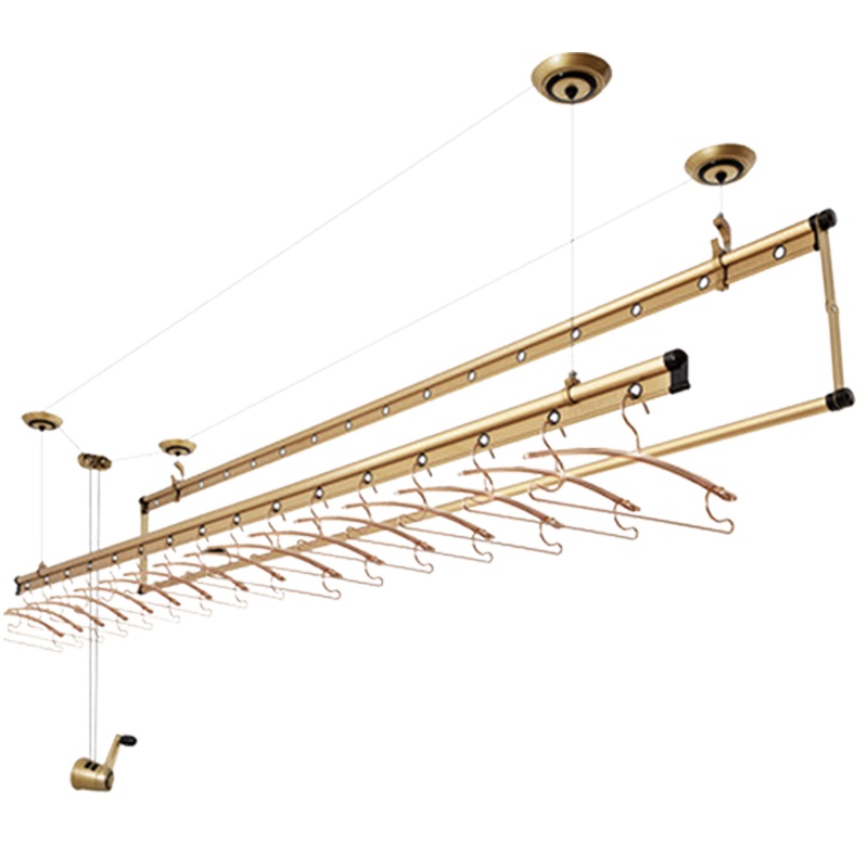 好太太（Hotata）家用多功能晾衣架升降手摇式加厚三杆式阳台晒被晾晒衣架 金色升级三杆+16个铝合金衣架+上门安装