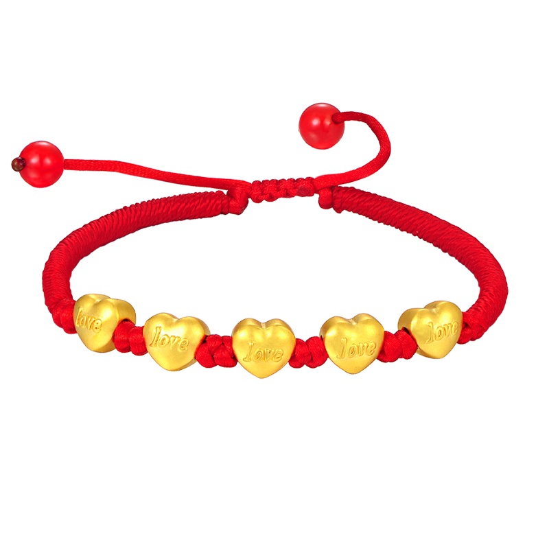 蒂蔻 黄金手链 love爱心形黄金手链女款玫瑰花足金编织红绳拉伸款520情人节礼物送女友送老婆