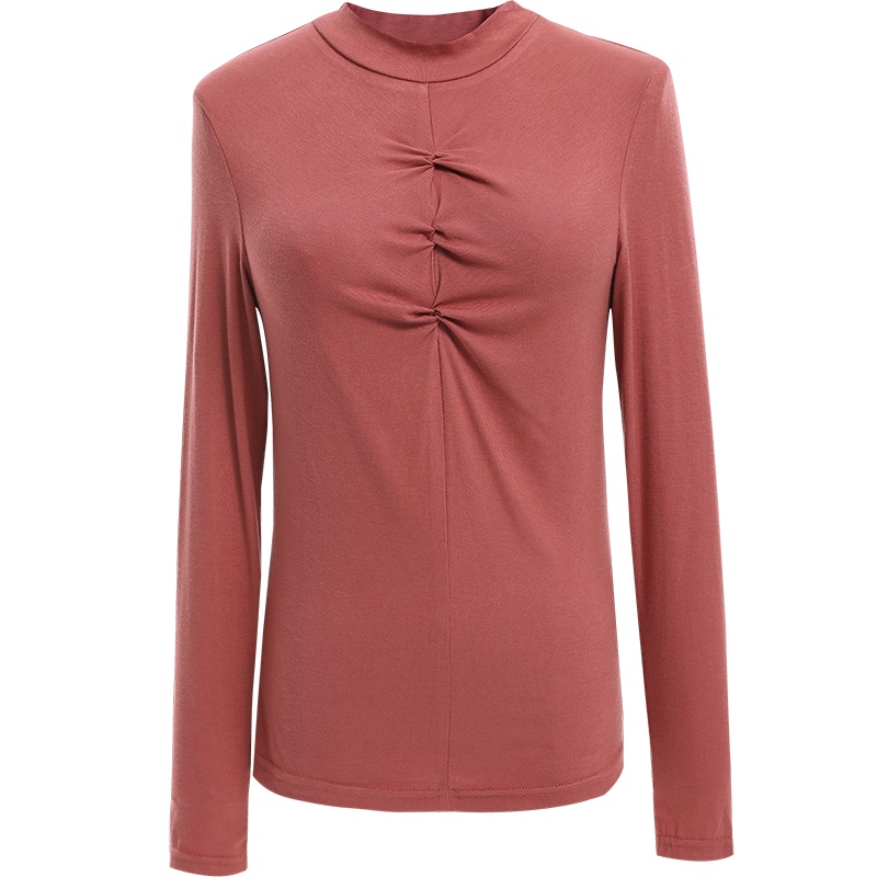 欧昵雪圆领套头褶皱紧身打底衫上衣女长袖修身T恤衫