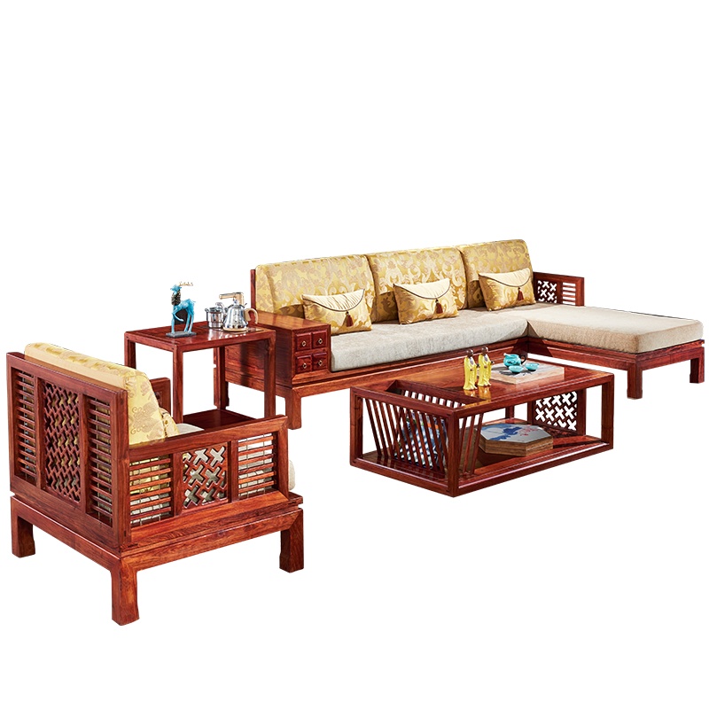 周家庄 红木家具非洲花梨（学名：刺猬紫檀）沙发 实木沙发 别墅沙发 新中式贵妃沙发组合 贵妃+单人位+茶几+角几