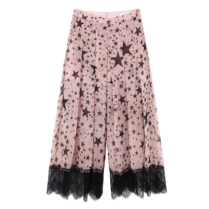 马克华菲女装 蕾丝拼接休闲裤 2019夏装新款星星印花直筒裤休闲裤