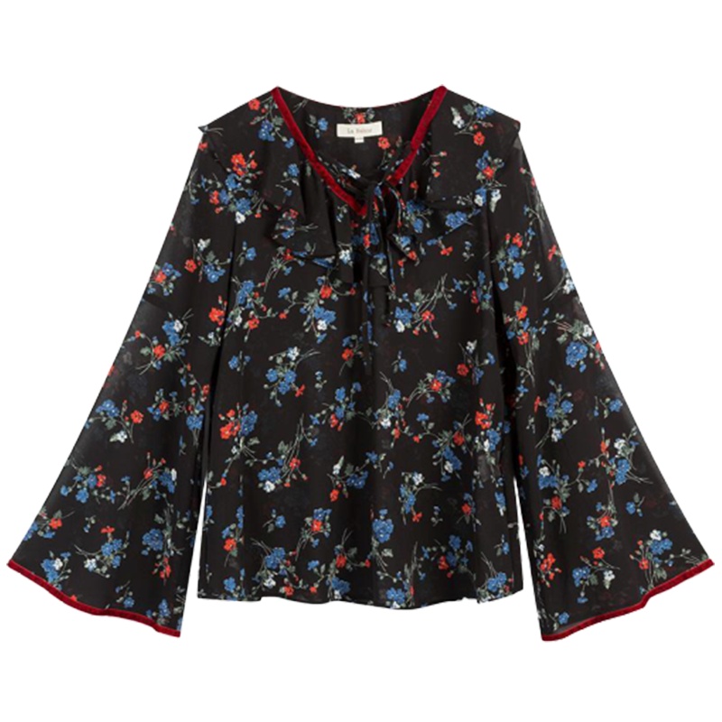 拉夏贝尔雪纺衫喇叭袖女春季新款很仙的上衣洋气超仙碎花显瘦防晒衫_394 S 藏青