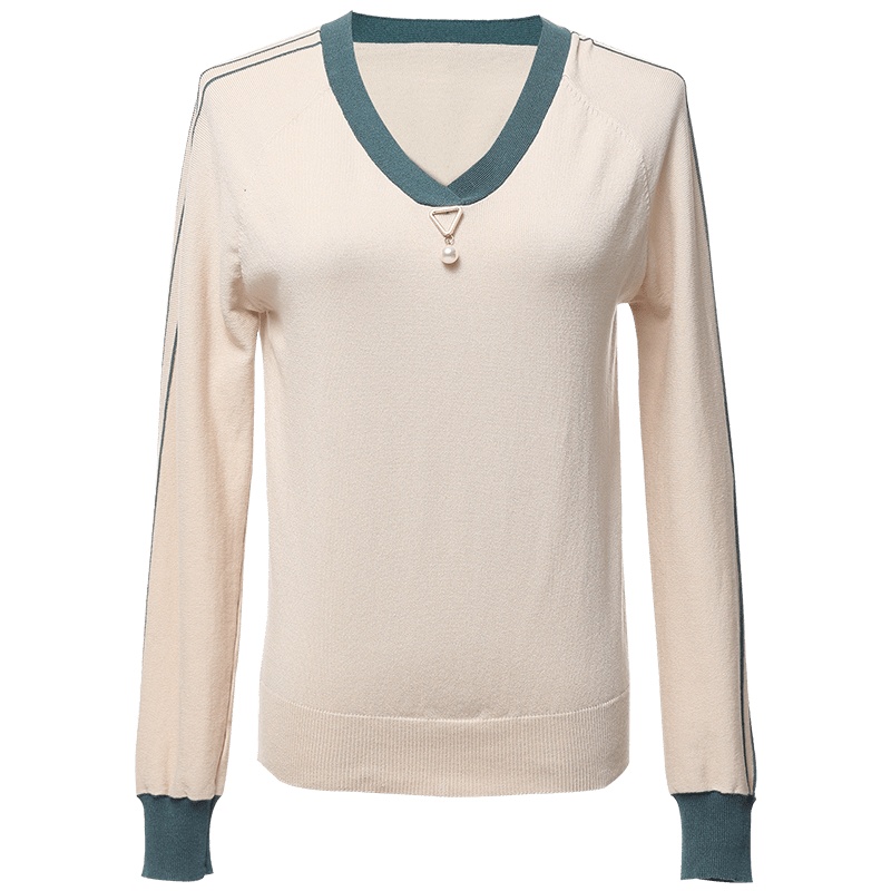 欧昵雪秋装撞色V领套头修身针织衫女上衣长袖打底衫毛衣