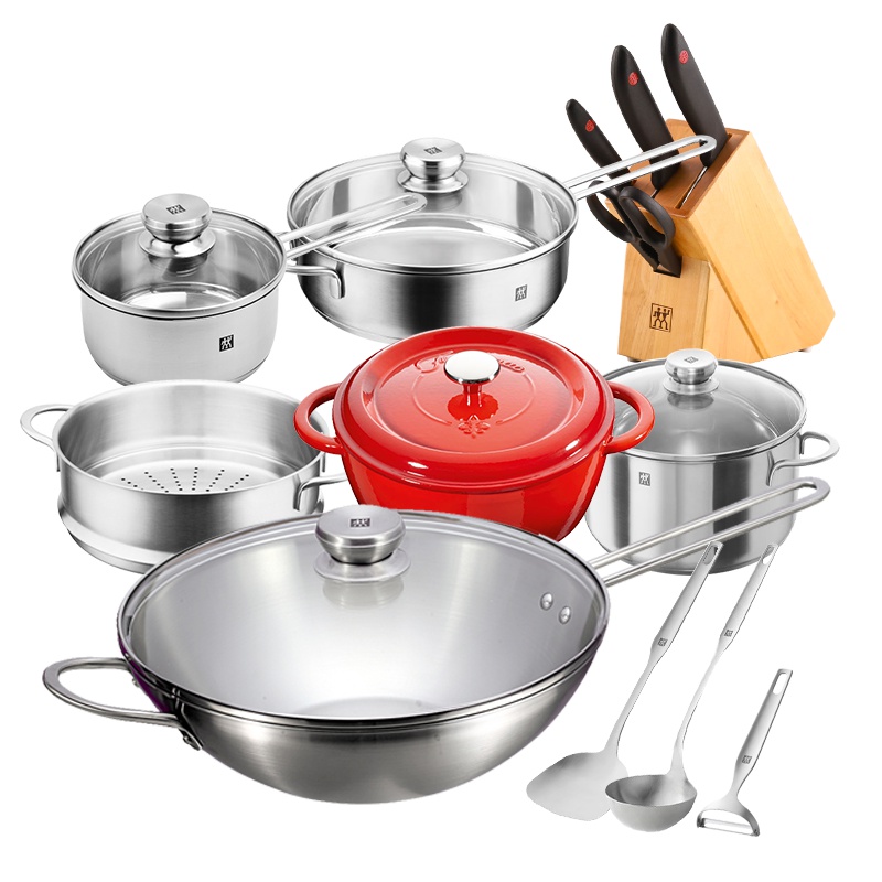 双立人(ZWILLING)NovaIII30cm炒锅欢乐厨房锅具14件套煎锅奶锅厨房不锈钢刀具炊具组合