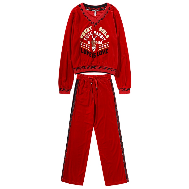 马克华菲女装2020年新款春款红色金丝绒运动套装女韩版时尚休闲装
