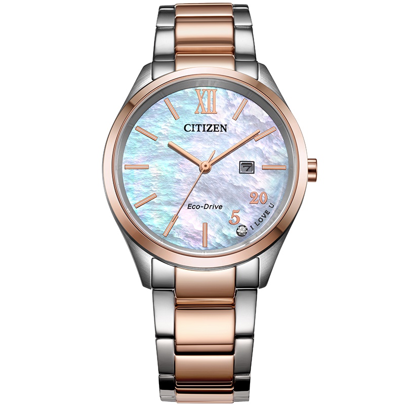 西铁城(CITIZEN)手表女士日韩品牌光动能不锈钢间粉金色表带日期显示时尚商务女表EW2456-88D