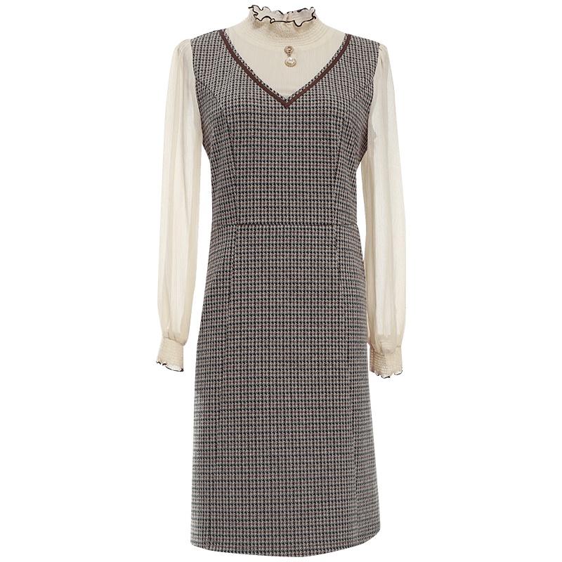 欧昵雪立领拼接收腰千鸟格呢子连衣裙女假两件长袖