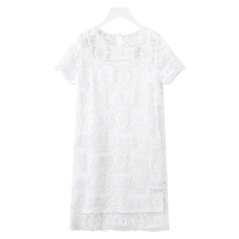 【专柜同款】拉夏贝尔蕾丝连衣裙夏短袖女新款镂空时尚二件套白色套裙10017589