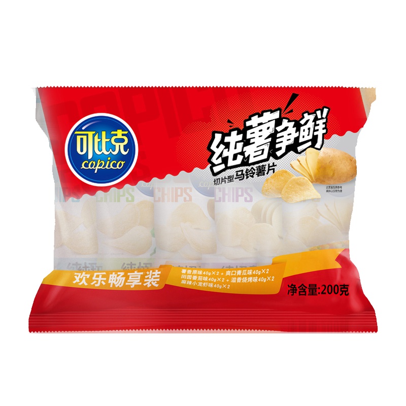 可比克 膨化食品零食 纯切薯片5连包40g/包(爽口青瓜味+滋香烧烤味+原味+田园番茄味+麻辣小龙虾味)