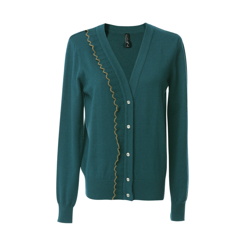 欧昵雪撞色波浪边V领宽松针织衫女长袖毛衣开衫外套