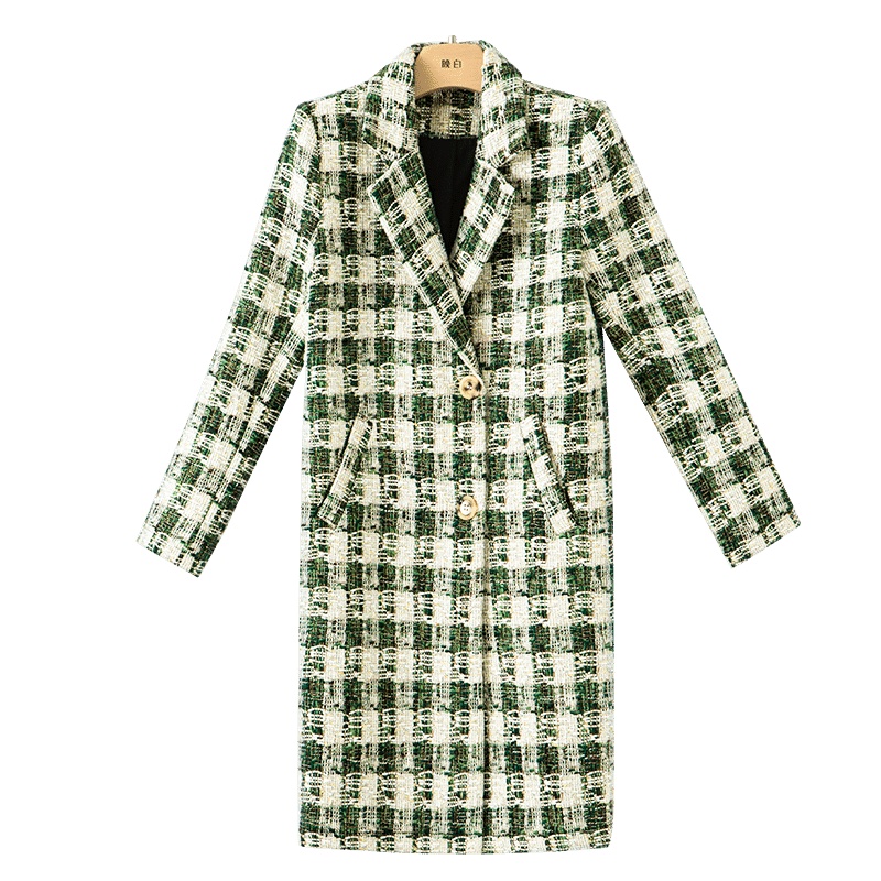 晚白2020冬季新品时尚翻领长袖修身中长款格子西装毛呢大衣外套女