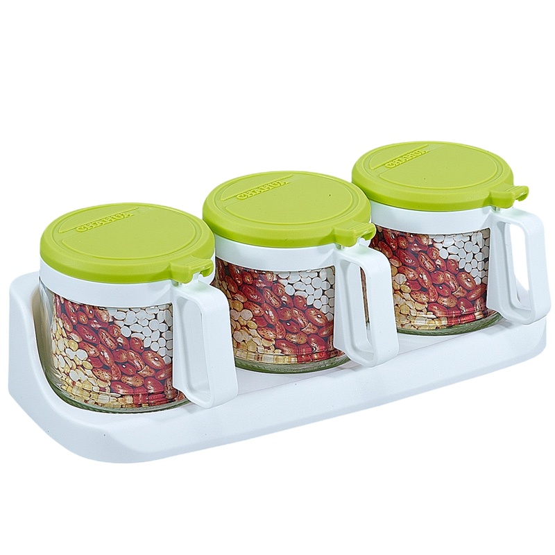 茶花(CHAHUA)6016 茶花三组圆形玻璃调味瓶300ml*3 绿色 2个装