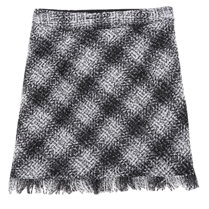 拉夏贝尔格子短裙女冬季高腰显瘦铅笔裙流苏时尚半身裙子