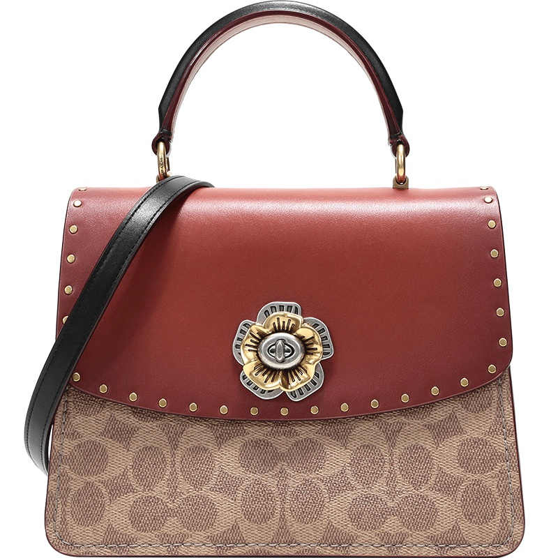 COACH 蔻驰 女款PARKER系列山茶花涂层帆布配皮老花铆钉装饰手提单肩斜挎包 53349