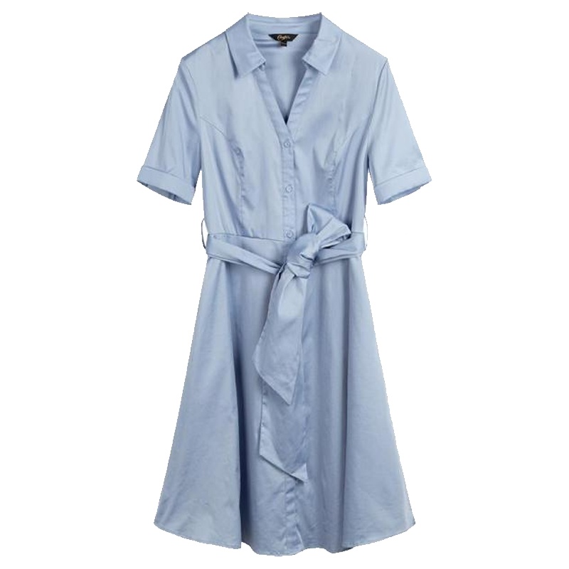 拉夏贝尔衬衫裙女中长款夏季新款韩版褶皱奶油裙子 文艺短袖V领连衣裙3008159