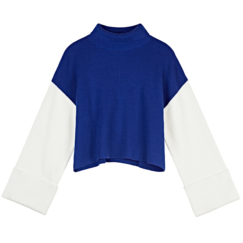 sdeer圣迪奥2019春装女装蓝白撞色拼接喇叭袖高领毛衣S19183514