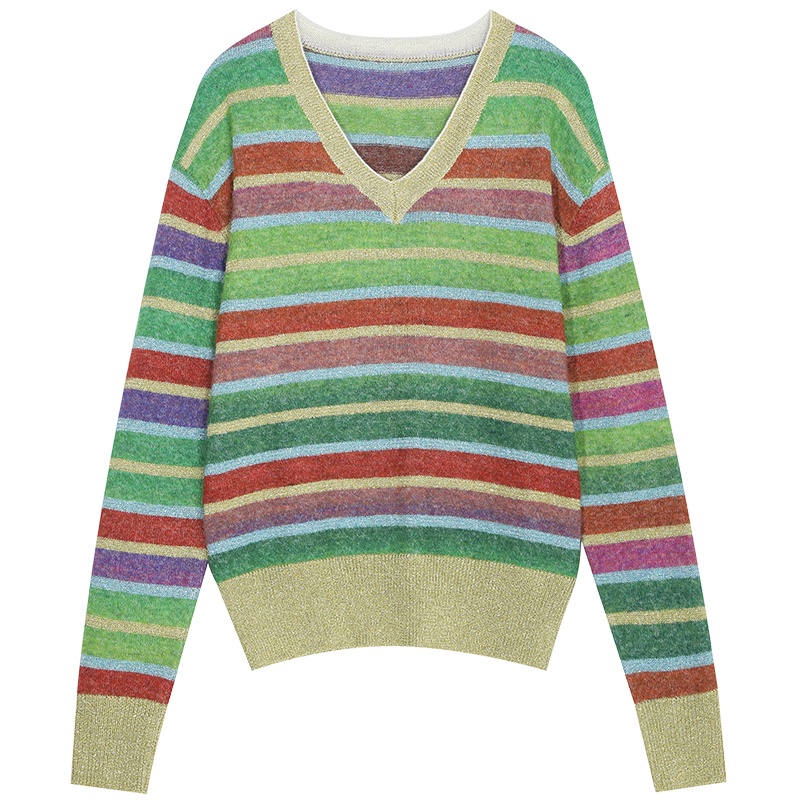 妖精的口袋彩虹撞色条纹套头毛衣2019秋季新款女宽松慵懒风针织衫