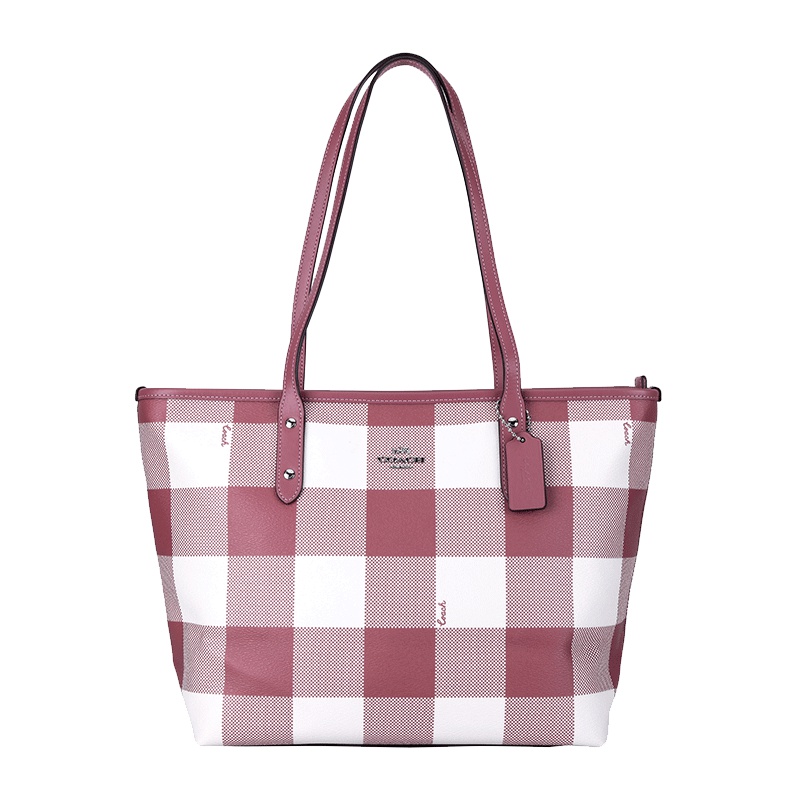 COACH 蔻驰 奢侈品 欧美时尚女士格子敞口手提包人造革硬单肩手拿托特包