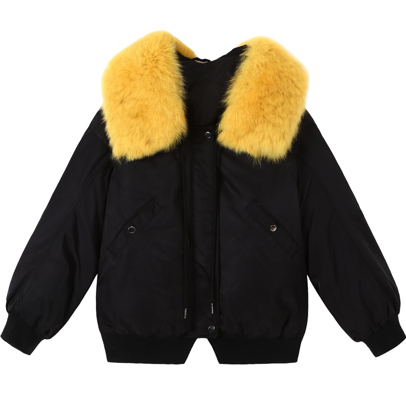 妖精的口袋Y黑色大毛领鸭绒羽绒服女潮冬装欧货短款外套R_1