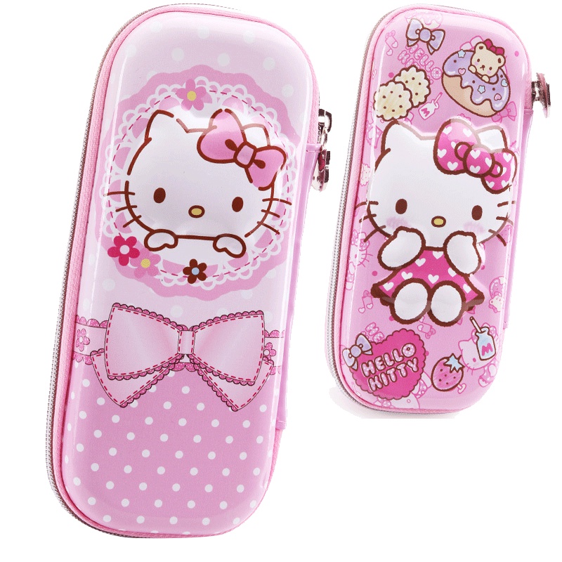 迪士尼多功能笔盒女童文具盒小学生铅笔盒防撞耐压大容量笔袋3D立体压膜KT猫可爱卡通 防水防摔笔盒 001粉色（图案随机）