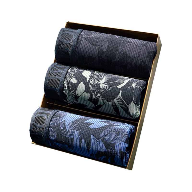 七匹狼 3条装锦纶明筋印花中腰平角男士内裤男