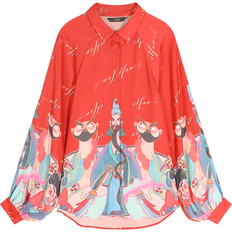 妖精的口袋印花灯笼袖雪纺衬衫2020春季新款女红色设计感小众上衣