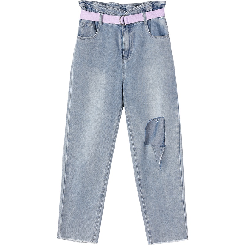 【新款】妖精的口袋破洞牛仔裤女2020夏腰带宽松显瘦薄款裤子