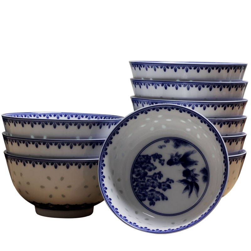 景德镇青花玲珑瓷器碗釉中彩金玉满堂碗陶瓷碗饭碗4.5英寸十个装