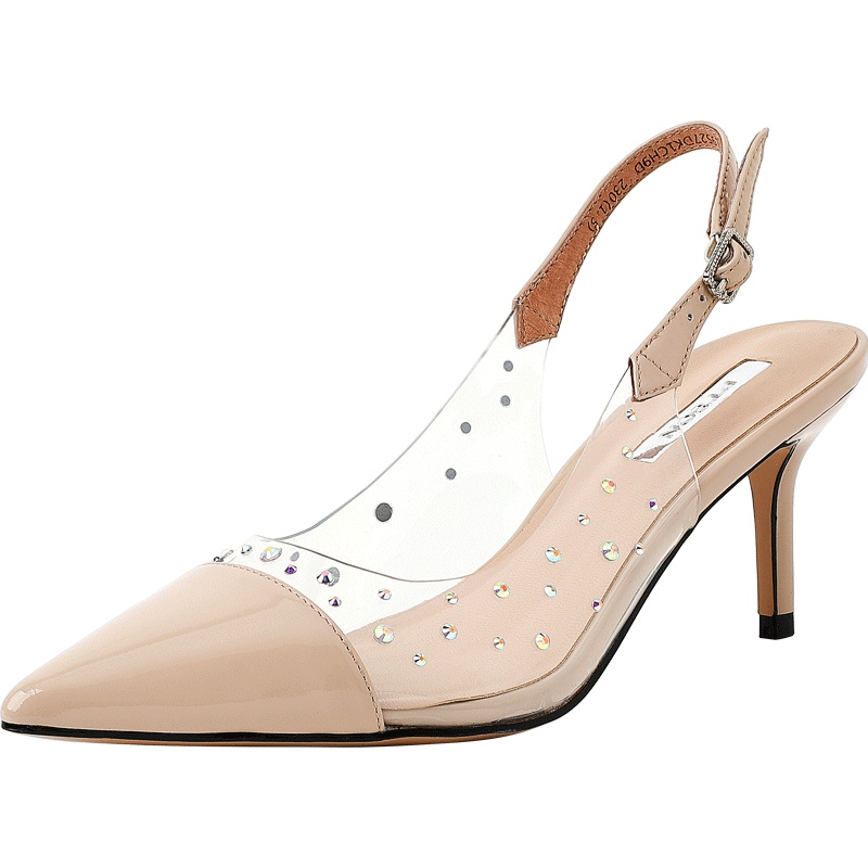 百田森包头凉鞋女夏新细跟高跟鞋尖头镶钻胶片配仙女裙的鞋