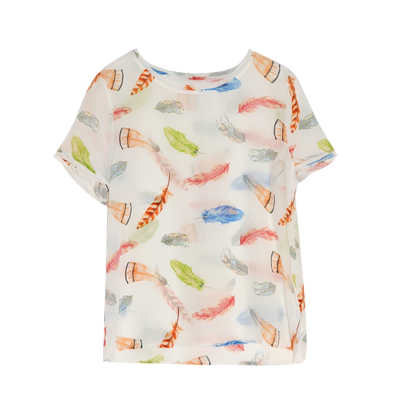 金菊2020夏季新款真丝印花T恤女圆领短袖100%桑蚕丝上衣百搭显瘦