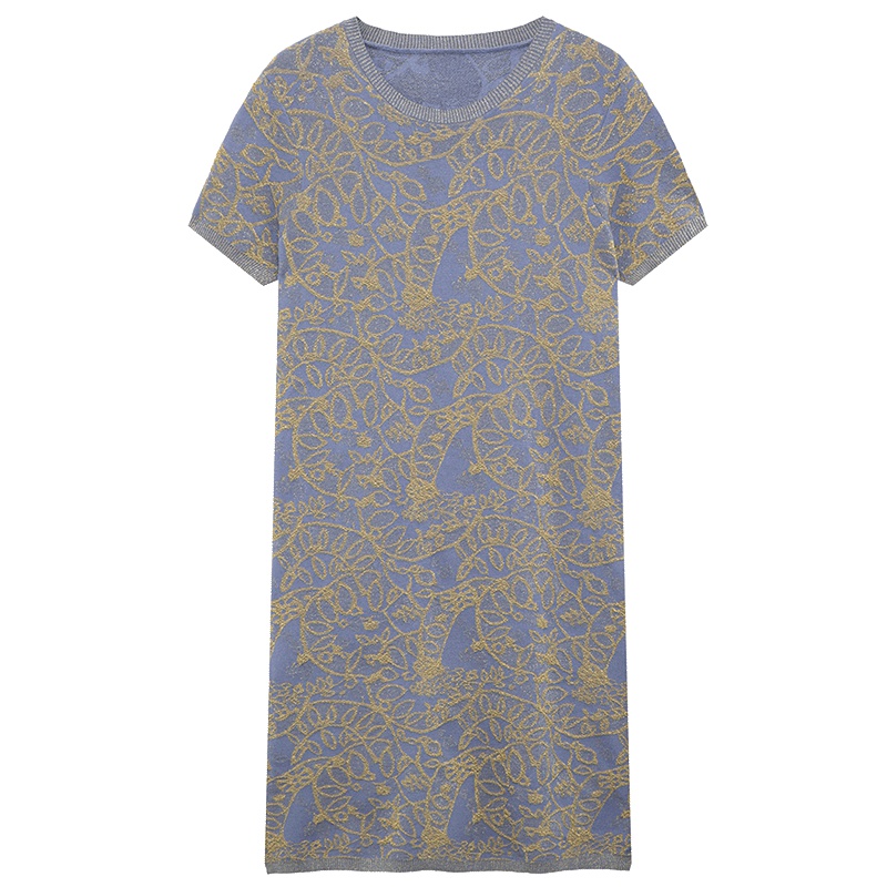 鄂尔多斯1980 欢聚系列春夏圆领短袖针织连衣裙金银丝提花中长裙