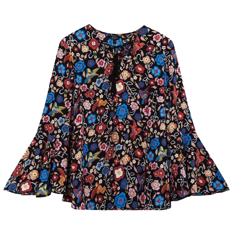 拉夏贝尔candie’s春季新款韩版显瘦V领系带喇叭袖雪纺衫30081233