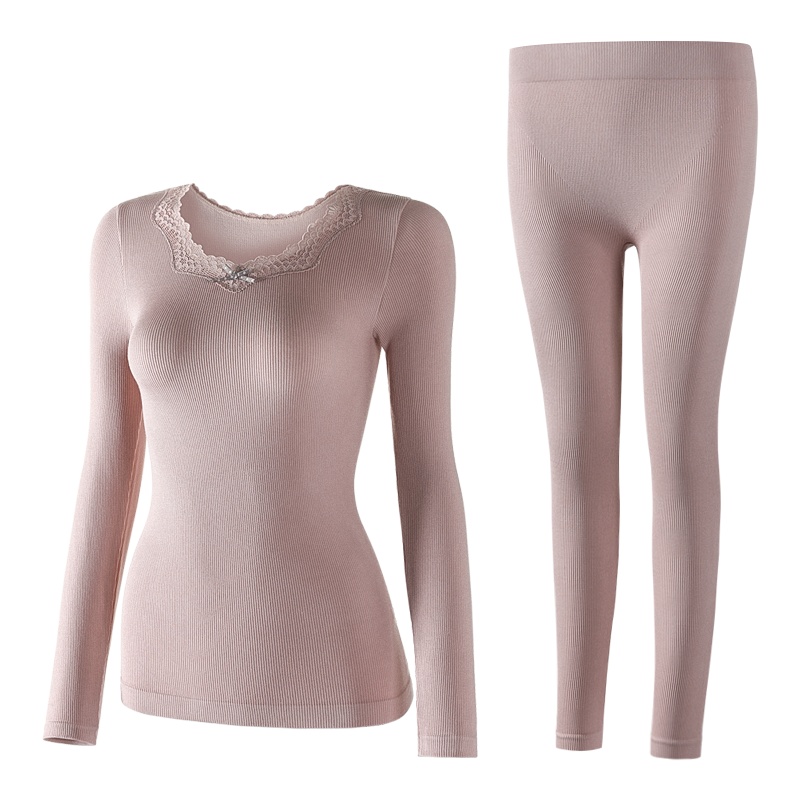 俞兆林 秋冬新款蝴蝶结保暖内衣女套装修身V领蕾丝打底秋衣秋裤套装