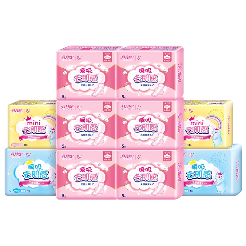 苏宁宜品&月月舒瞬吸云肌感无感丝薄0.1cm超薄纤巧透气卫生巾日用超长夜用迷你巾组合套装整箱护翼型姨妈巾10包66片