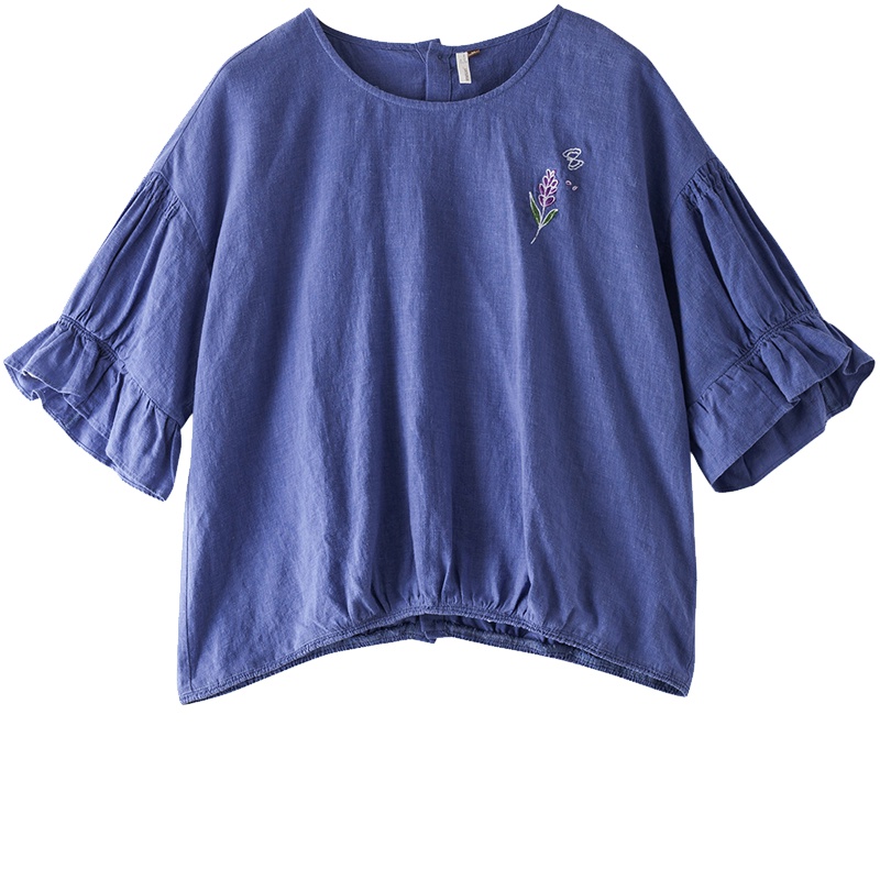茵曼2019夏装新款莱塞尔亚麻圆领橡筋花瓣袖中袖文艺衬衣上衣女