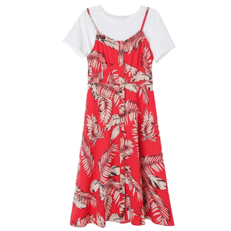 【专柜同款】拉夏贝尔旗下夏季T恤内搭吊带高腰中长款印花连衣裙两件套套装60007898