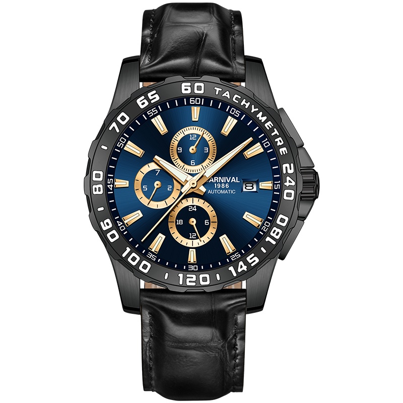 瑞士嘉年华CARNIVAL手表男士全自动机械表 男表多功能名牌时尚潮流表真皮表带夜光防水日历腕表8868G