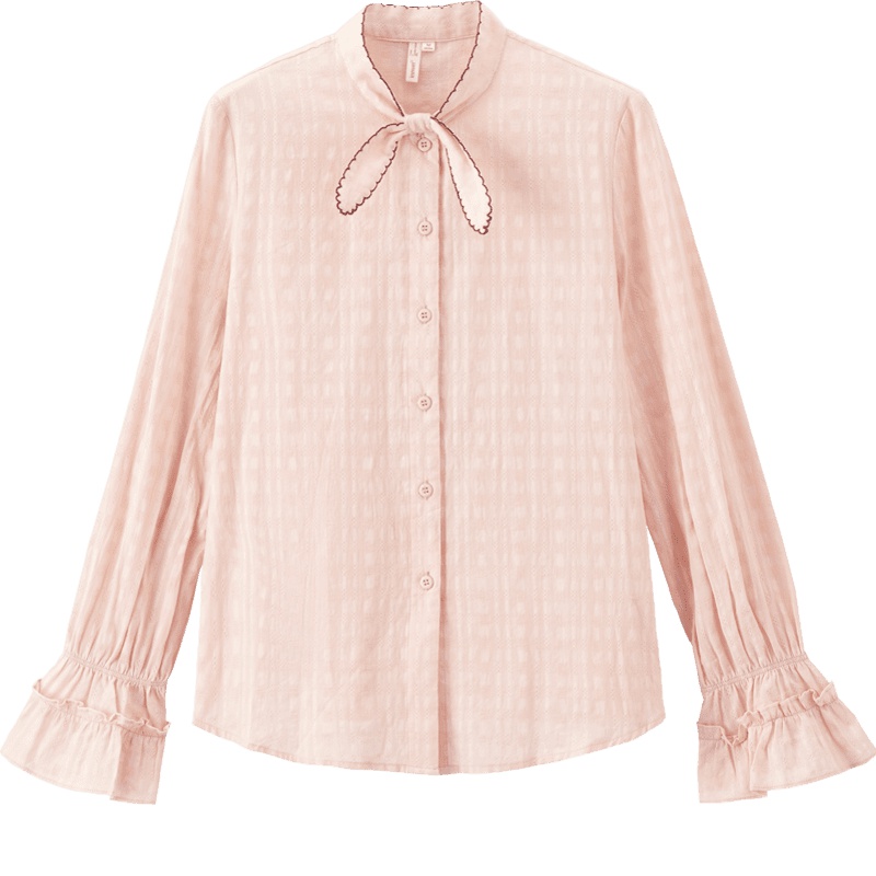 茵曼衬衣2019秋装新款纯棉甜美立领兔耳朵提花喇叭袖衬衫女文艺范