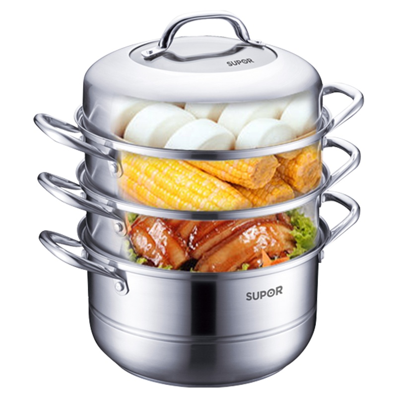 苏泊尔(SUPOR)三层304不锈钢蒸笼26cm复底蒸馒头蒸馍蒸鱼大蒸锅 燃气明火电磁炉通用SZ26B4
